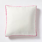 Square white linen pillow with fuchsia pink velvet gusset and piping.