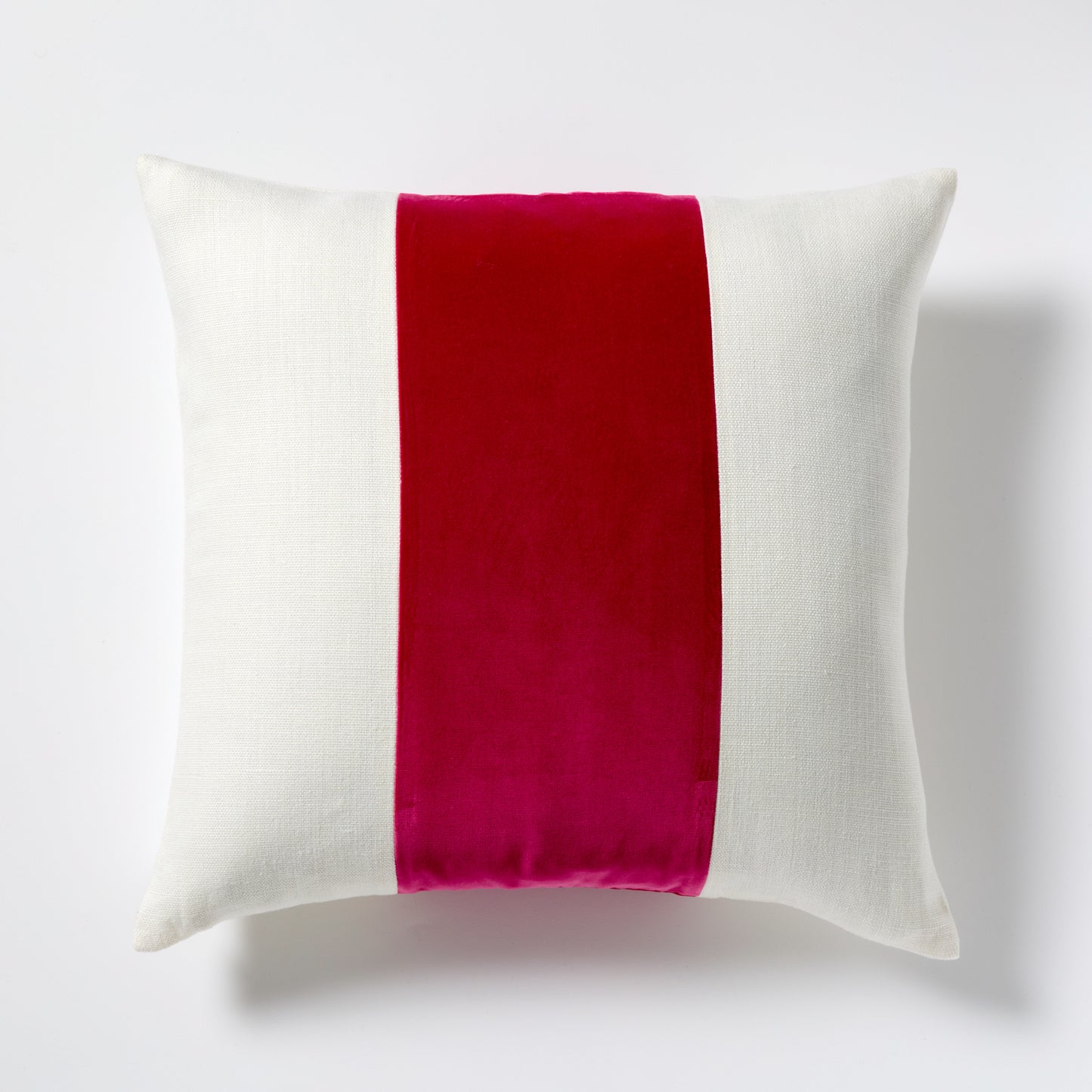Fuchsia pink velvet and cream linen stripe pillow, 22" square.