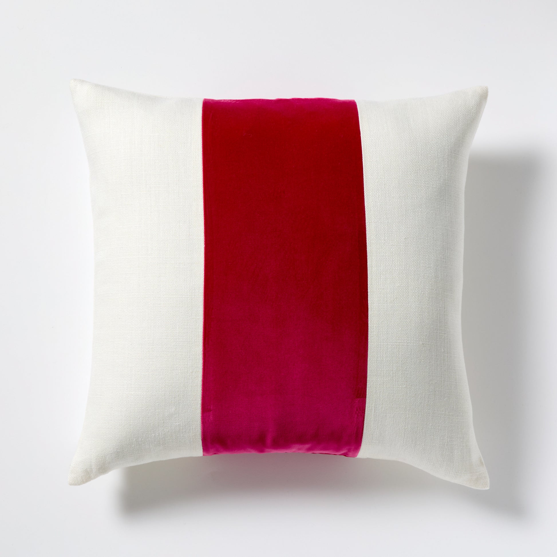 Fuchsia pink velvet and cream linen stripe pillow, 22" square.