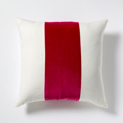 Fuchsia pink velvet and cream linen stripe pillow, 22" square.