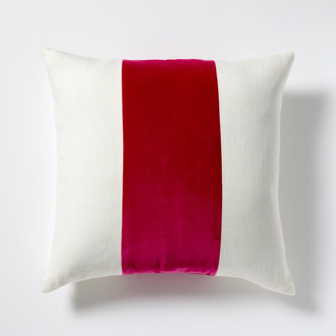 Fuchsia pink velvet and cream linen stripe pillow, 22" square.