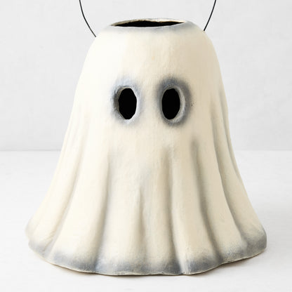 Vintage-style white papier-mâché ghost candy bucket with distressed grey shading and a black wire handle.