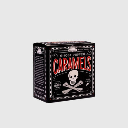 Hudson Grace Ghost Pepper Caramels box with a skull and crossbones graphic on a black background