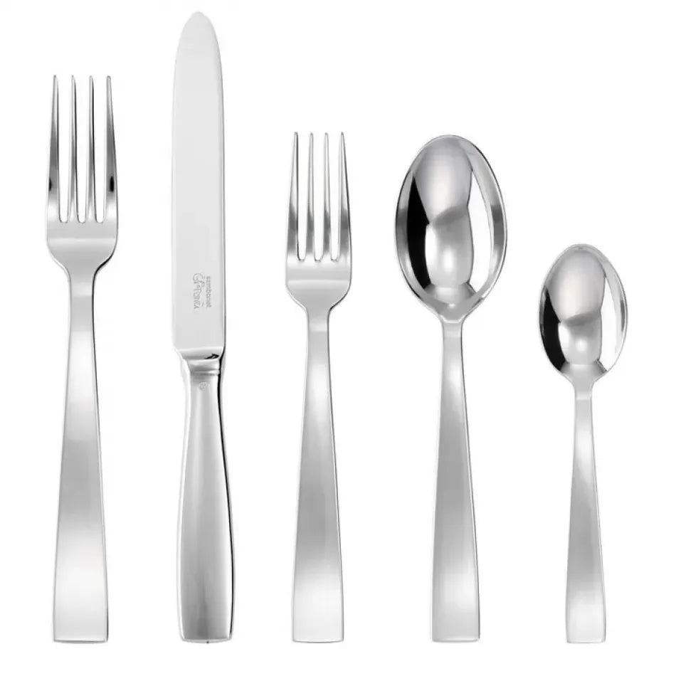 Gio Ponti 5-piece stainless steel flatware set with mirror finish: table fork, knife, dessert fork, spoons.