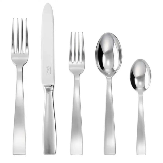 Gio Ponti 5-piece stainless steel flatware set with mirror finish: table fork, knife, dessert fork, spoons.