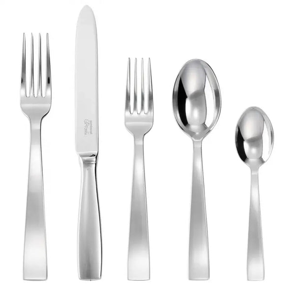 Gio Ponti 5-piece stainless steel flatware set with mirror finish: table fork, knife, dessert fork, spoons.