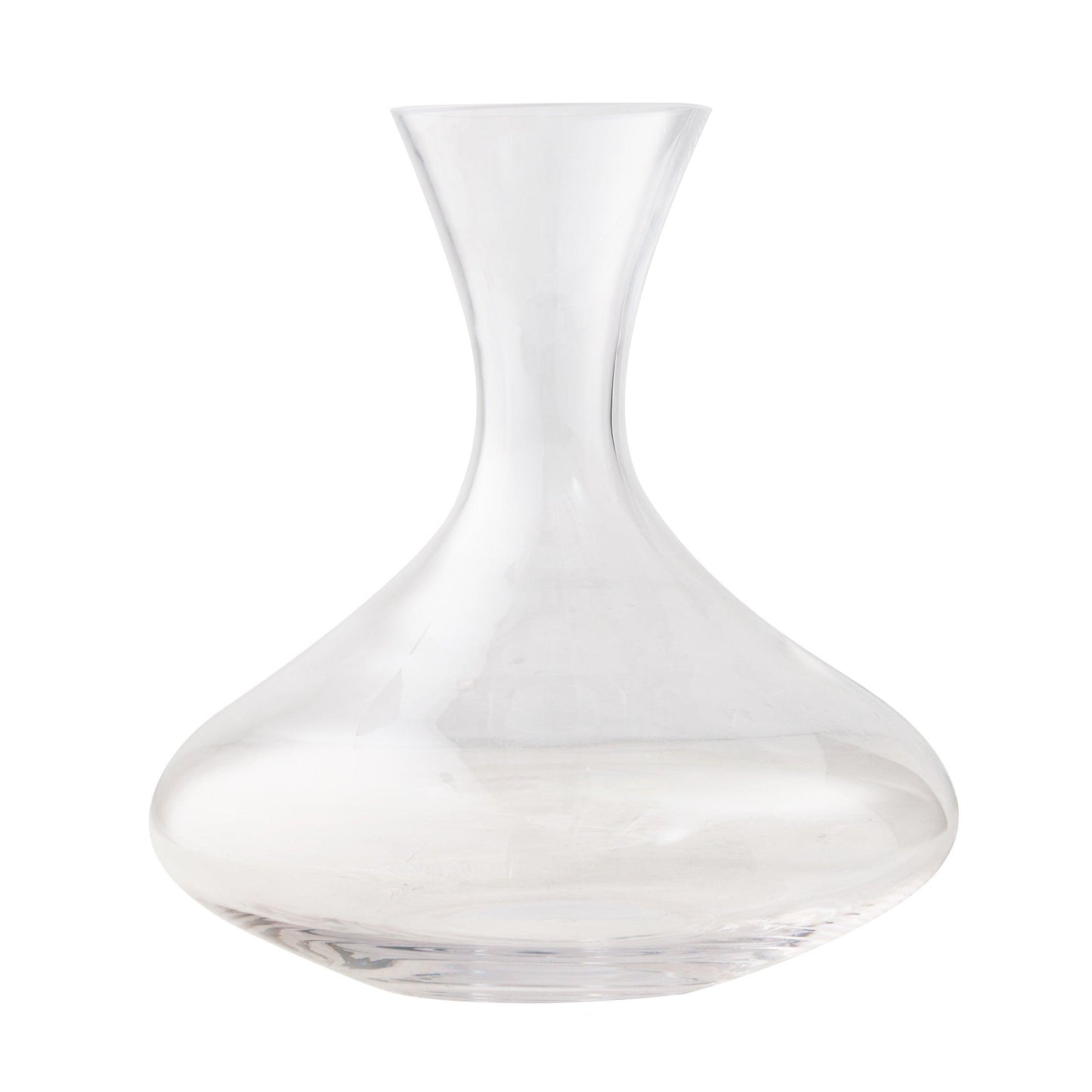 Clear glass wine carafe with a broad base and curved neck, 50 oz.