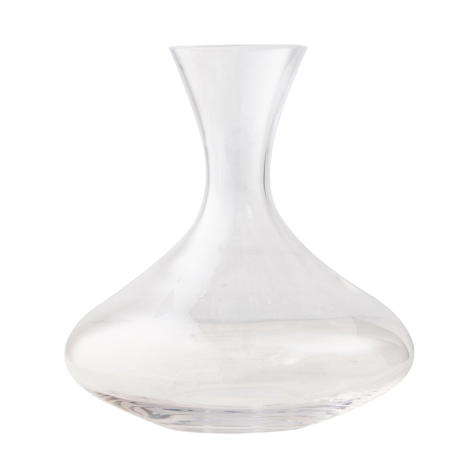 Clear glass wine carafe with a broad base and curved neck, 50 oz.