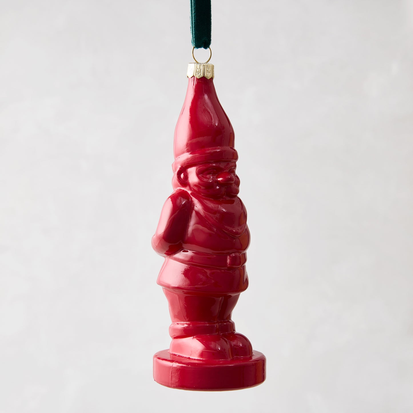 6"H Red Glass Gnome Christmas Tree Ornament with green ribbon.
