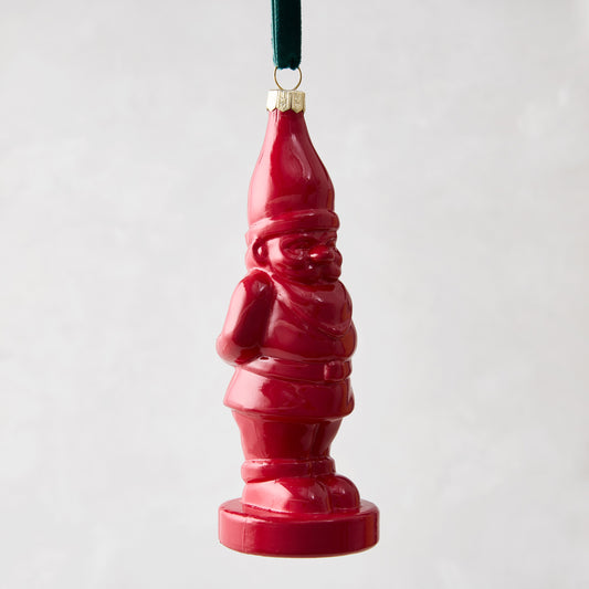 6"H Red Glass Gnome Christmas Tree Ornament with green ribbon.