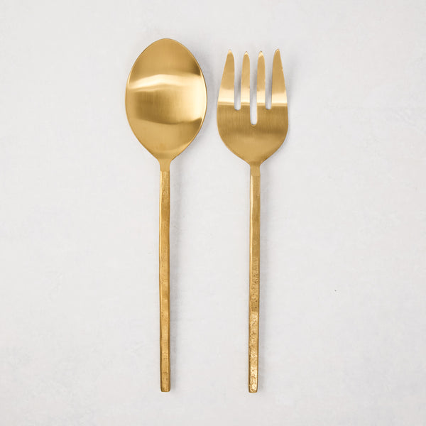 Gold Forged 2-Piece Serving Set: hammered stainless steel spoon and fork, 11.25"L.