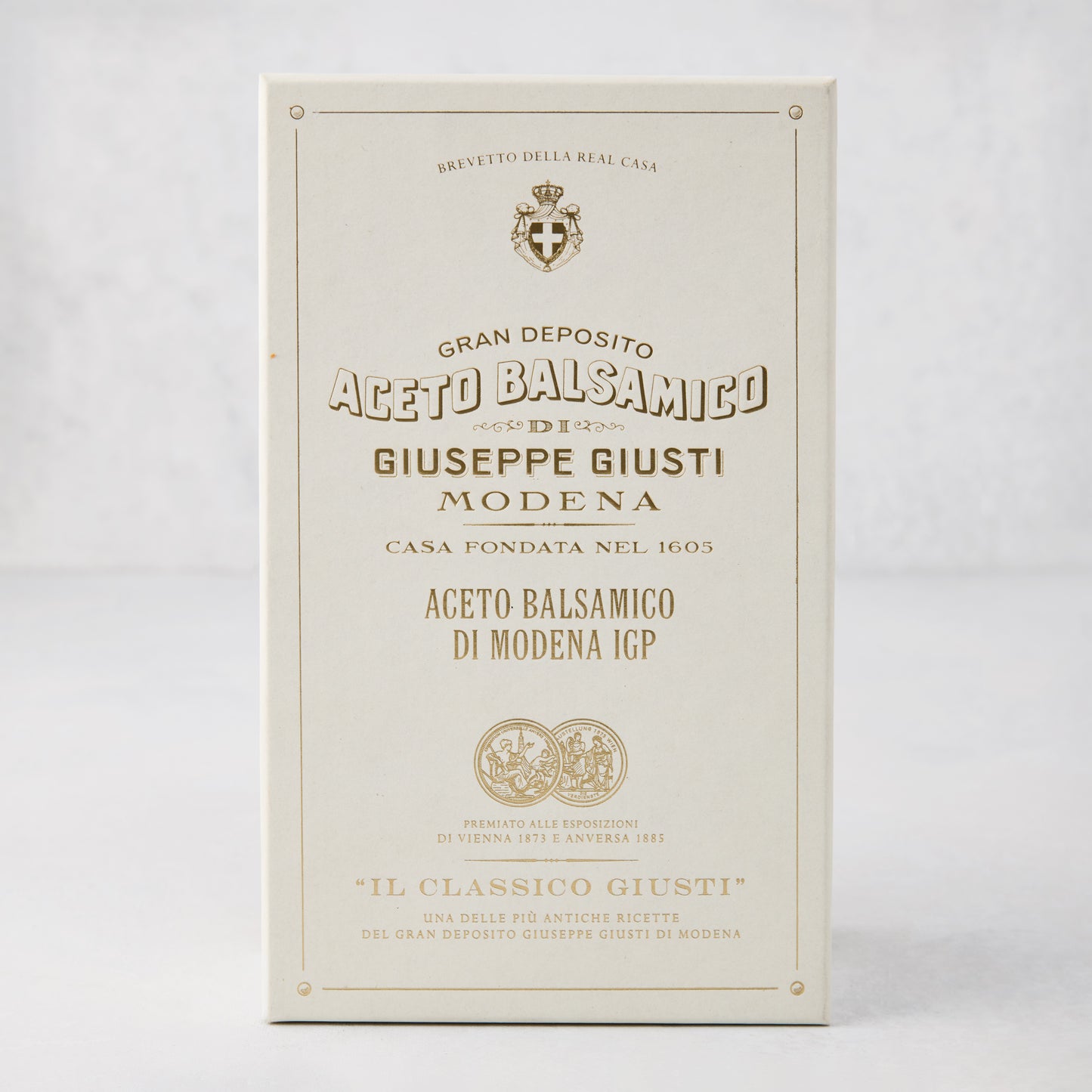 Giuseppe Giusti Gold Medal Balsamic Vinegar of Modena, 8.4oz, in a cream-colored box with gold text.