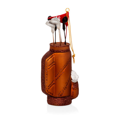 6-inch mouth-blown glass golf bag ornament with glitter, tiny clubs, and a red flag.