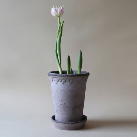 KØBENHAVNER Grey Terracotta Tall Pot and Saucer, 7.1" x 9.4"H, with delicate detailing.