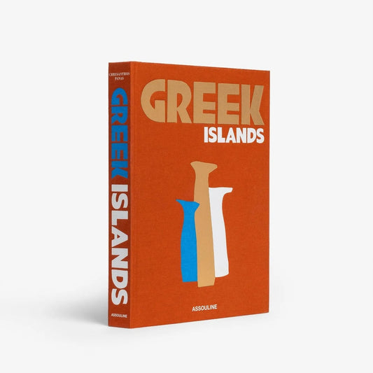 Greek Islands" hardcover book with orange cover, blue, tan, and white vase illustrations.
