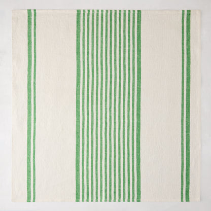 Green Boat Stripe Napkin, 22" square, washed cotton-linen blend, with vertical green stripes on cream.