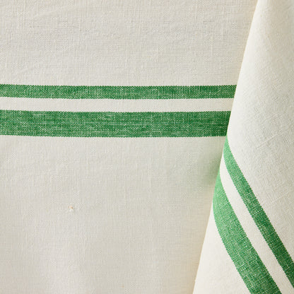 Green Boat Stripe Tablecloth, 70"L x 108"W, cotton-linen blend with green horizontal stripes.