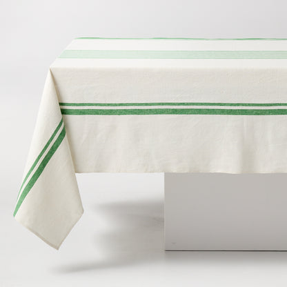 Green Boat Stripe Tablecloth, 70"L x 108"W, cotton-linen blend, with thin and thick green stripes.