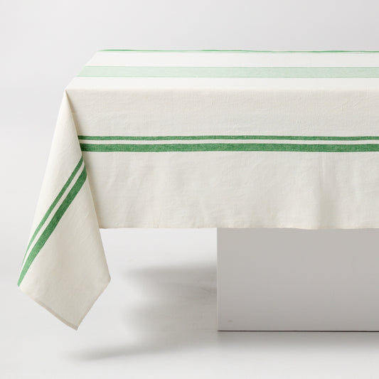 Green Boat Stripe Tablecloth, 70"L x 108"W, cotton-linen blend, with thin and thick green stripes.