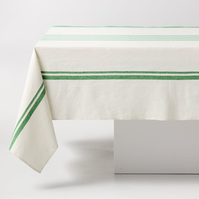 Green Boat Stripe Tablecloth, 70"L x 108"W, cotton-linen blend, with thin and thick green stripes.