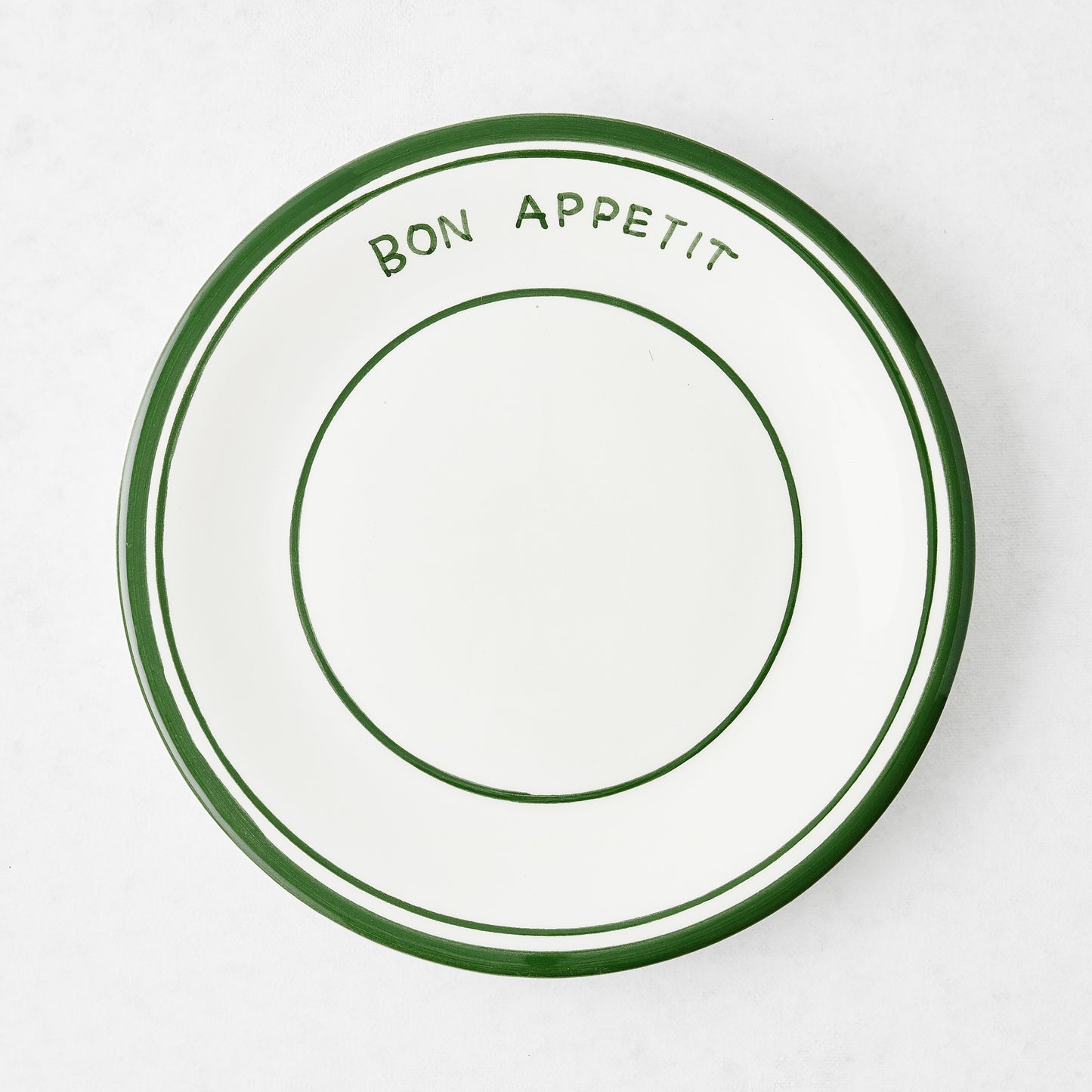 Green ceramic "Bon Appetit" salad plate, 7.8"Dia, with three green lines.