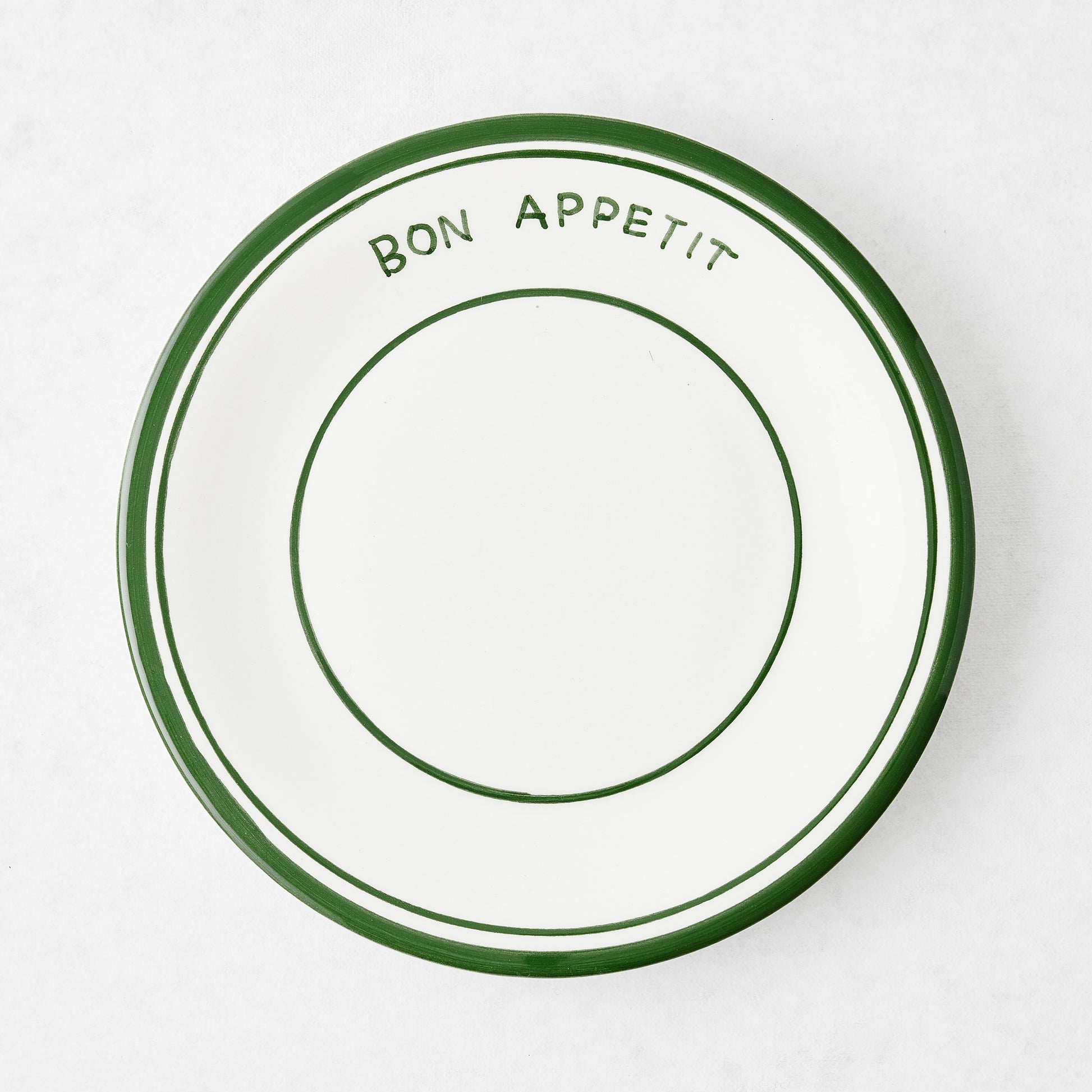 Green ceramic "Bon Appetit" salad plate, 7.8"Dia, with three green lines.