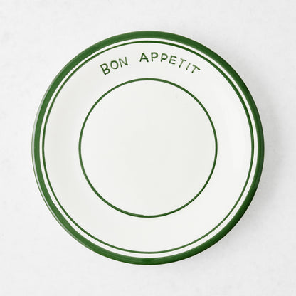 Green ceramic "Bon Appetit" salad plate, 7.8"Dia, with three green lines.