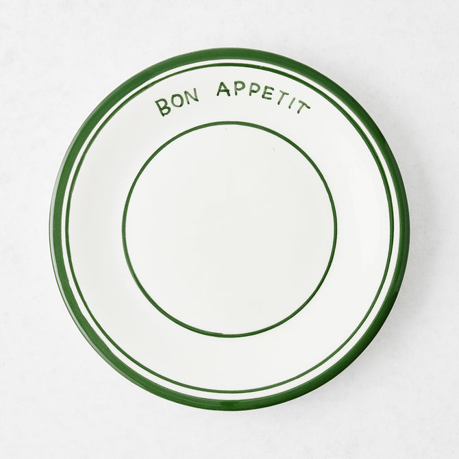 Green ceramic "Bon Appetit" salad plate, 7.8"Dia, with three green lines.