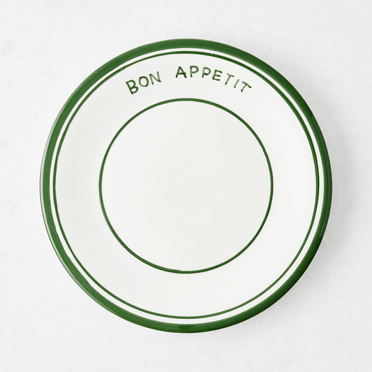 Green ceramic "Bon Appetit" salad plate, 7.8"Dia, with three green lines.