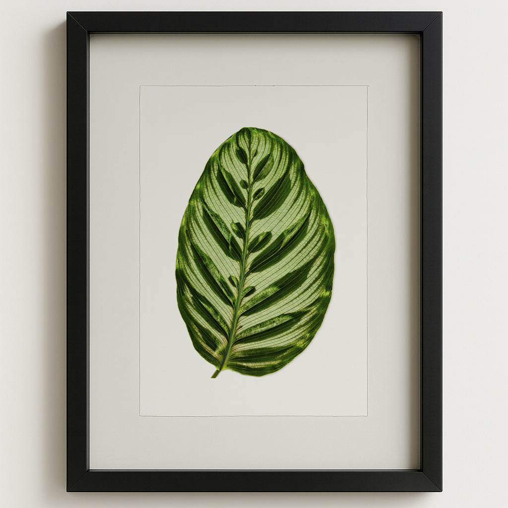 Green Calathea leaf art print on watercolor paper, framed in black.