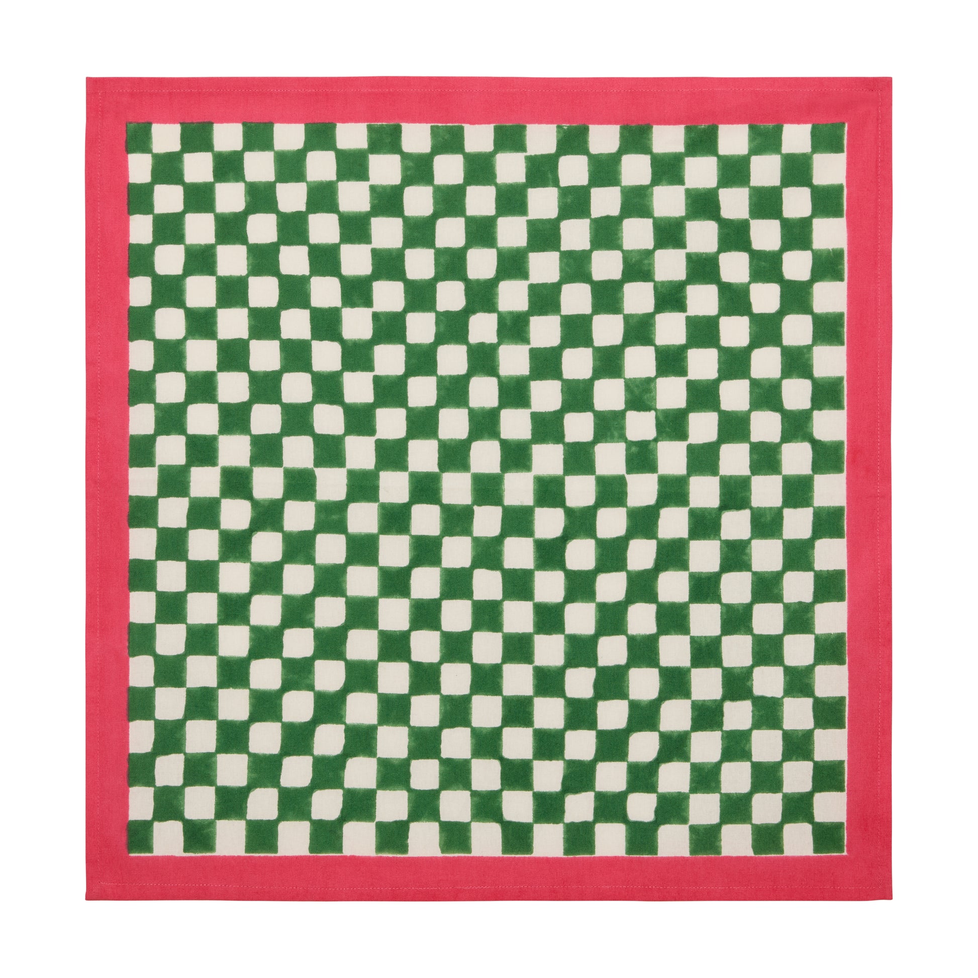 Green check cotton napkin with a pink border, 20" square.