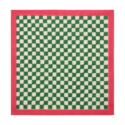 Green check cotton napkin with a pink border, 20" square.