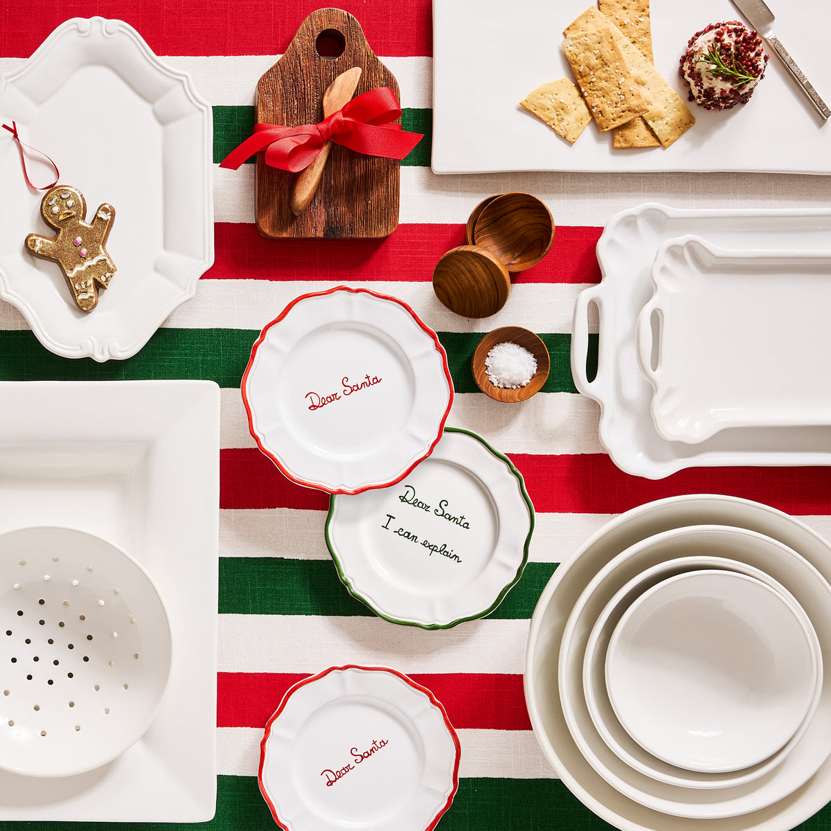 7-inch ceramic appetizer plate with hand-painted Dear Santa I can explain text and a red scalloped border.