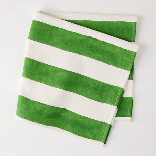 Folded Green Hampton Cotton Stripe Napkin, 22" square, with bold green and white stripes.