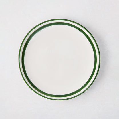 7" ceramic appetizer plate with a hand-painted deep green double border.