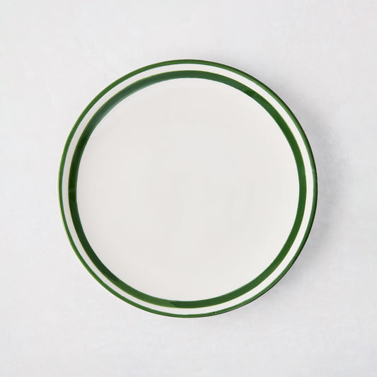 7" ceramic appetizer plate with a hand-painted deep green double border.