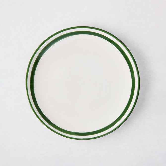 7" ceramic appetizer plate with a hand-painted deep green double border.