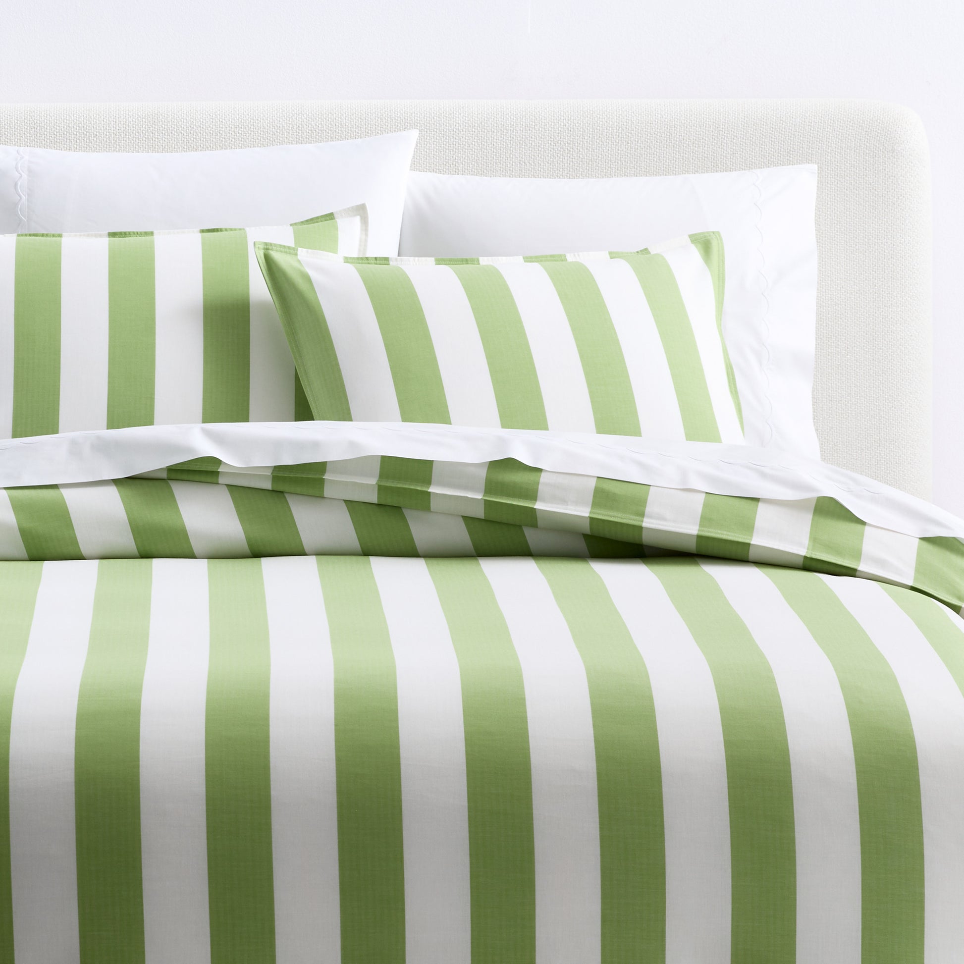 Green and white wide-striped cotton duvet cover and sham set with a subtle herringbone texture.