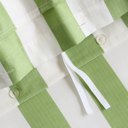 Green and white herringbone striped cotton duvet cover with button and tie closures.