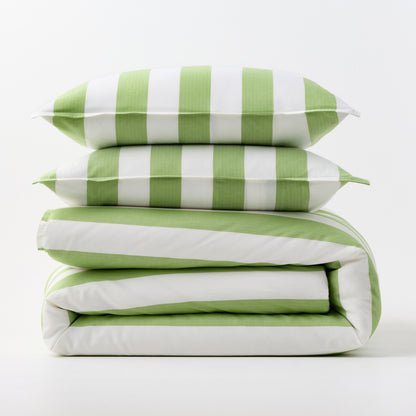 Green and white wide-striped duvet cover and two matching pillow shams stacked on a white background.