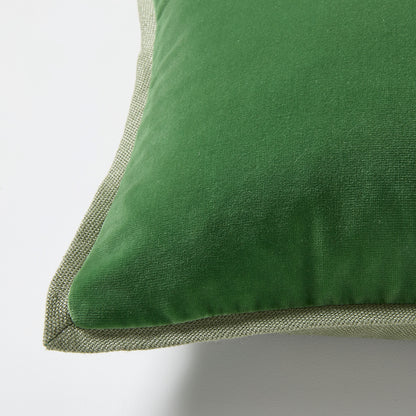 Green Linen and Velvet Reversible Lumbar Pillow, 20"L x 14"H, with hidden zipper.