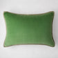 Green linen and velvet reversible lumbar pillow, 20"L x 14"H, with hidden zipper.