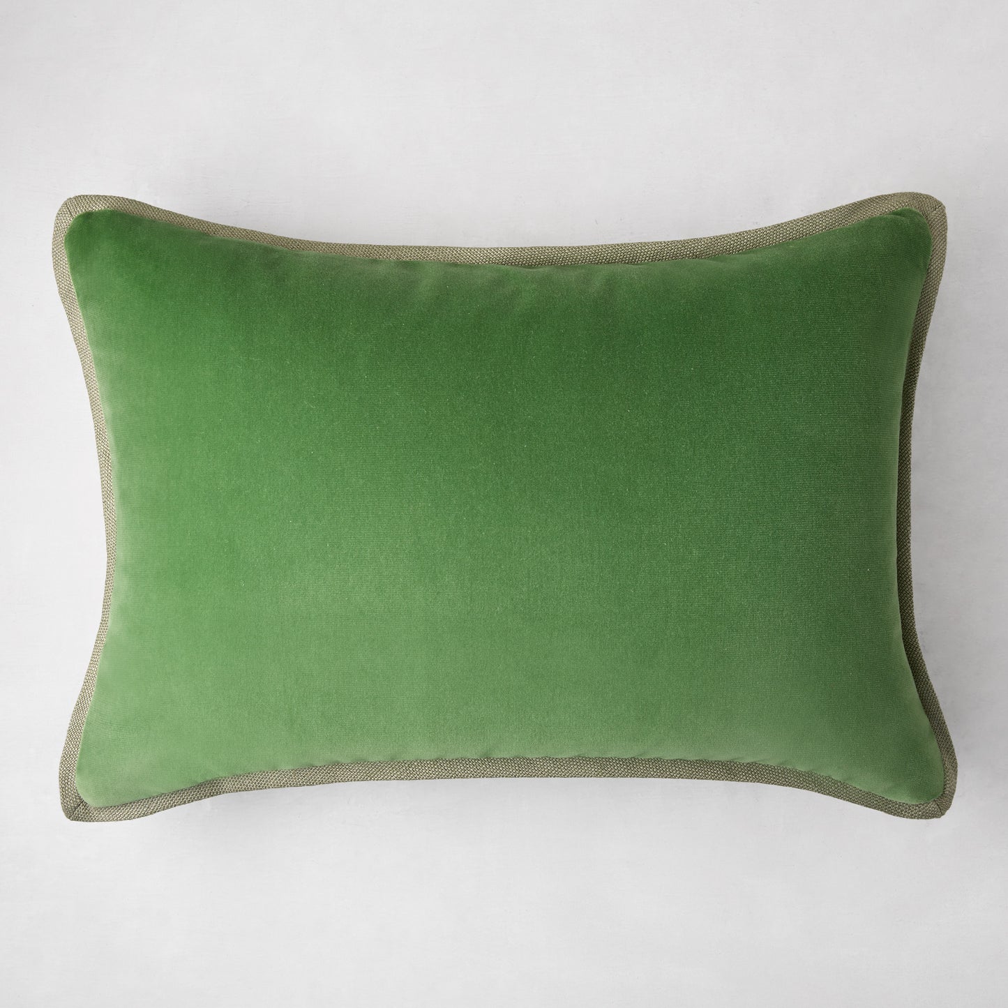 Green linen and velvet reversible lumbar pillow, 20"L x 14"H, with hidden zipper.