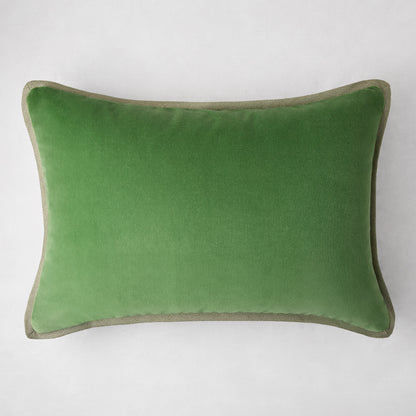 Green linen and velvet reversible lumbar pillow, 20"L x 14"H, with hidden zipper.