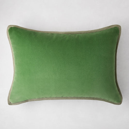 Green linen and velvet reversible lumbar pillow, 20"L x 14"H, with hidden zipper.