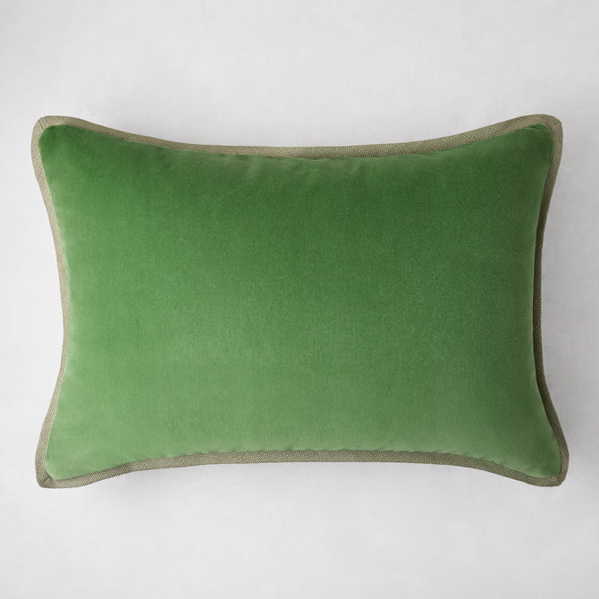 Green linen and velvet reversible lumbar pillow, 20"L x 14"H, with hidden zipper.