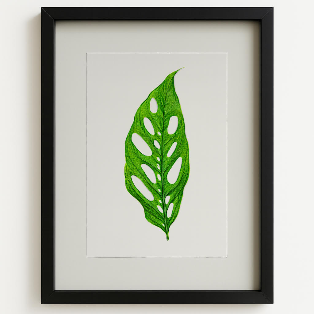 Green Monstera Leaf on English Watercolor Wall Art Print in a black shadowbox frame.