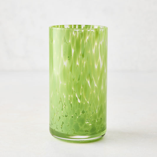 Green spotted highball glass with clear glass base, 3.3"Dia x 5.7"H.