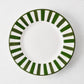 Round white ceramic salad plate featuring a hand-painted green striped border on a plain white background.