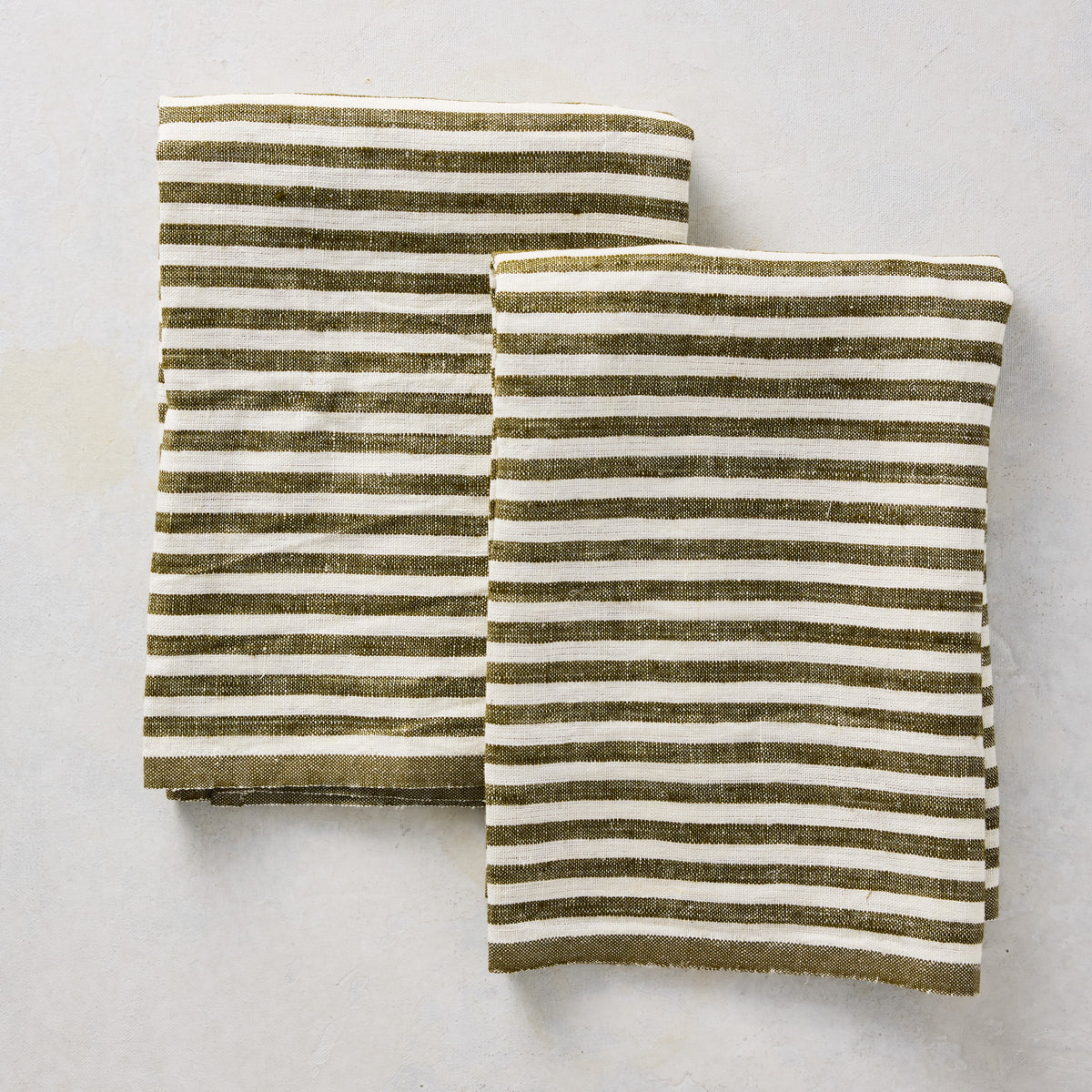 Set of two green and white ticking stripe 100% linen hand towels, 30x20 inches.